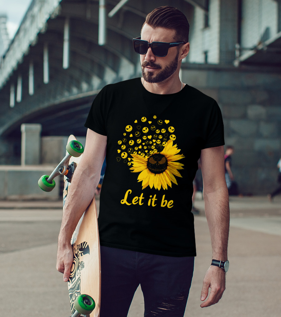 Jack Skellington Face Sunflower Let It Be Hearts Yellow Smiles T-Shirt
