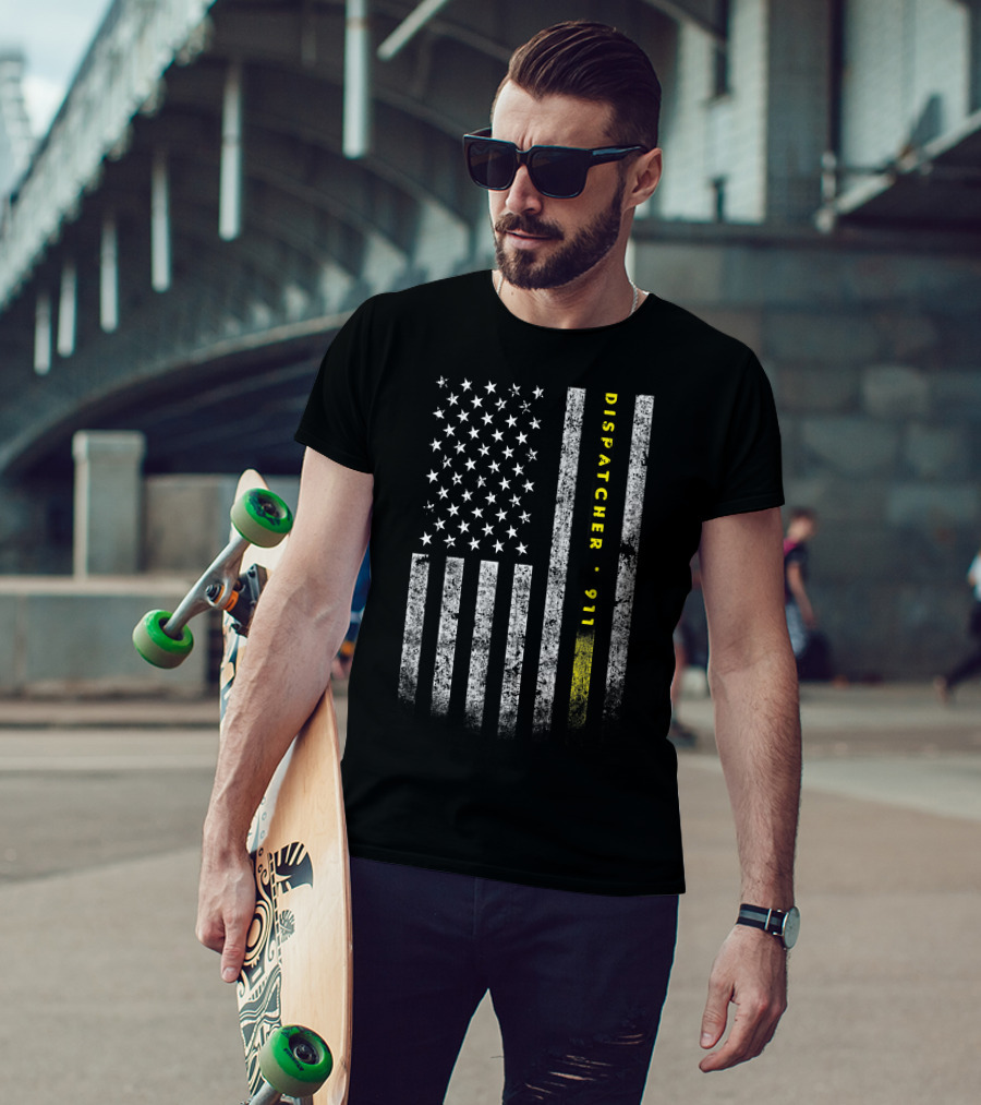 Dispatcher 911 American Flag With Gold Line USA Flag T-Shirt