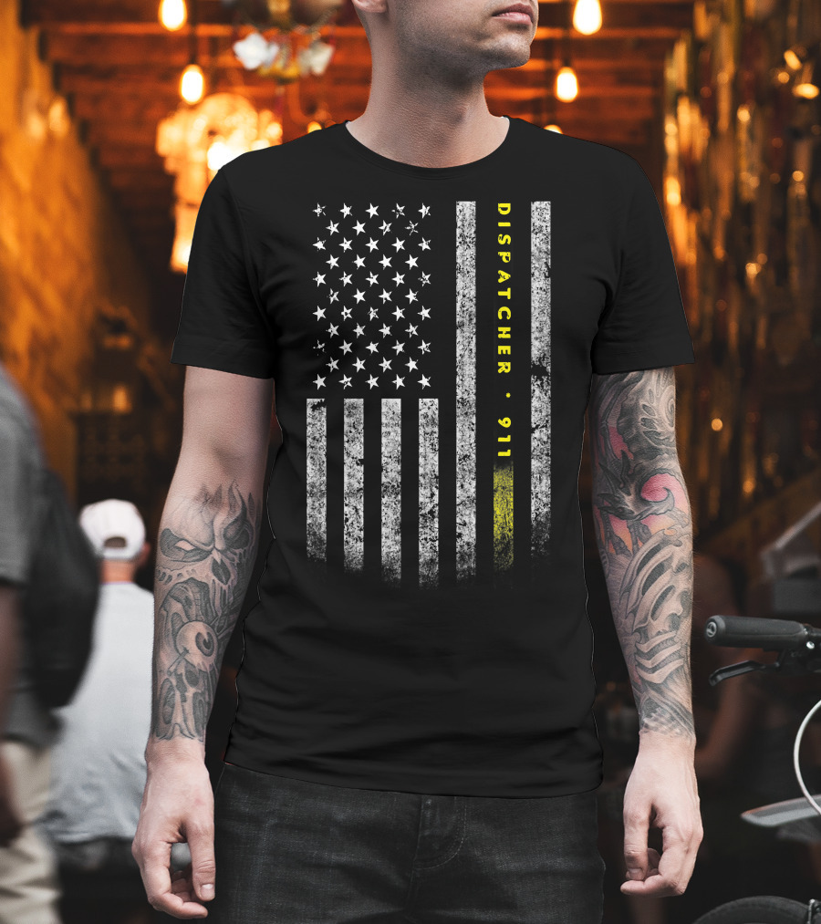 Dispatcher 911 American Flag with Gold Line USA Flag T-Shirt