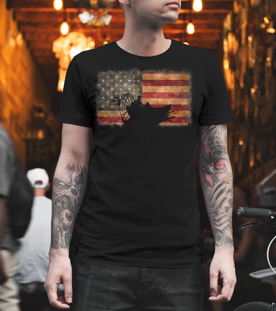 American Flag Airboat Racing Silhouette Over Rustic America T-Shirt