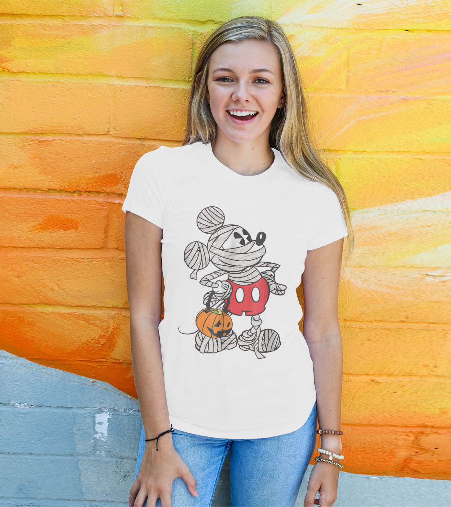 Mickey Mouse Mummy Wrapped With Pumpkin Bucket For Halloween T-Shirt