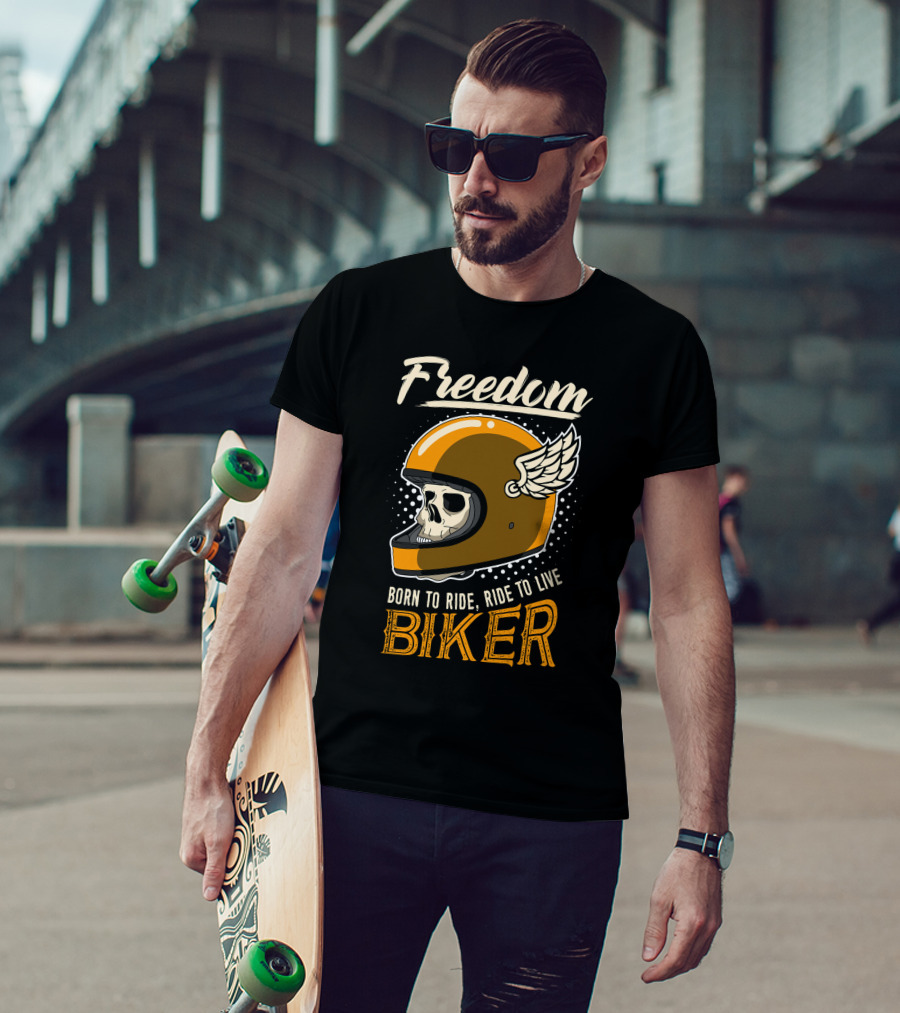 Freedom Born To Ride Ride To Live Biker Skull Winged Helmet T-Shirt