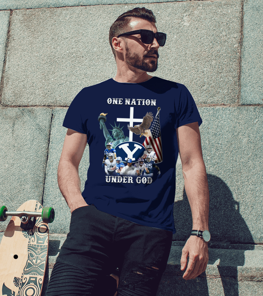 BYU One Nation Under God Coach Football Statue Liberty Cross Eagle Flag T-Shirt