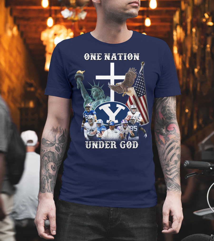 BYU One Nation Under God Coach Football Statue Liberty Cross Eagle Flag T-Shirt