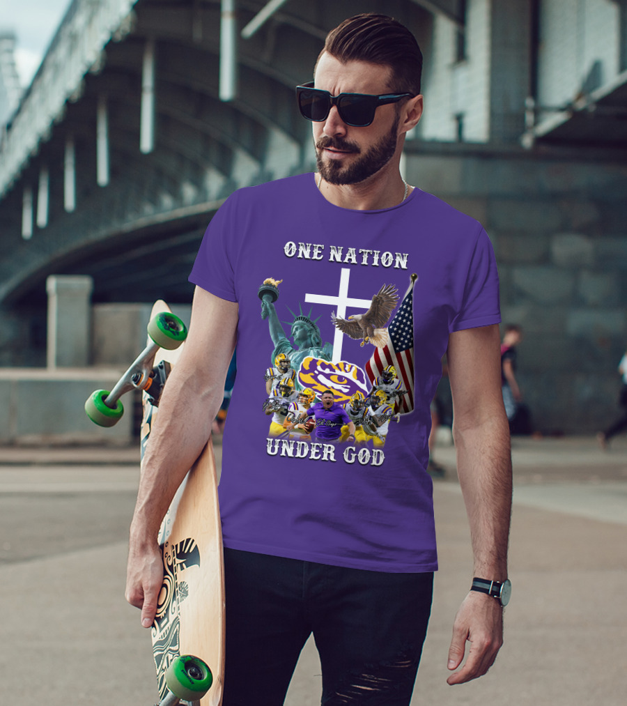 LSU Tigers Football One Nation Under God Coach Players Statue Of Liberty Eagle American Flag T-Shirt