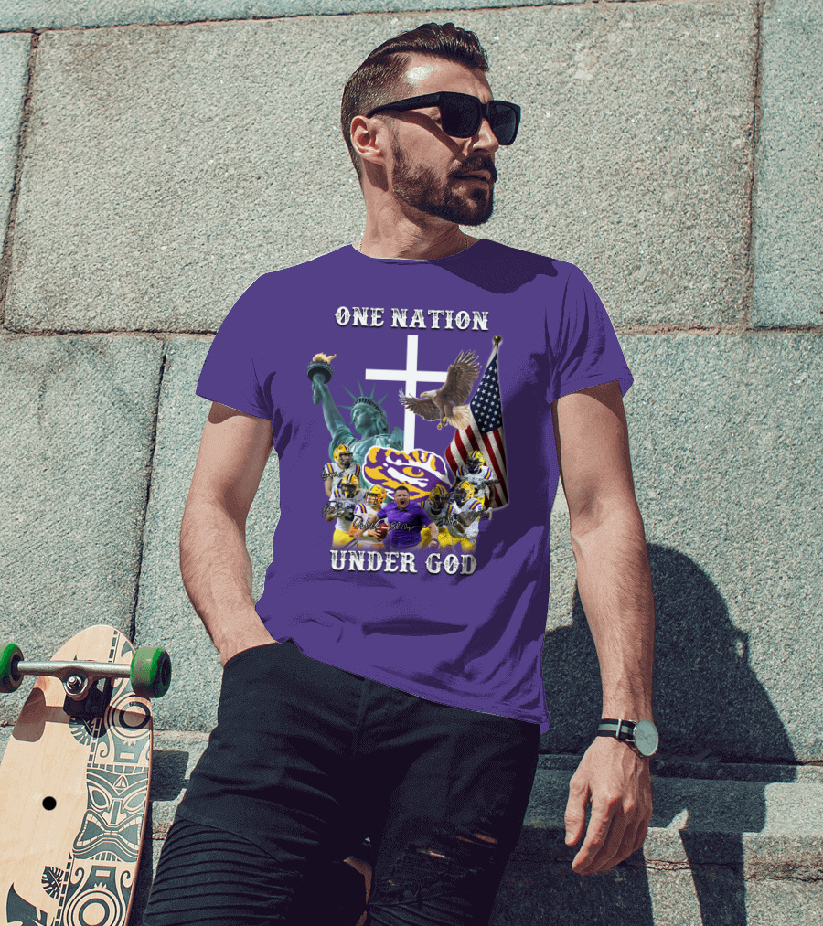LSU Tigers Football One Nation Under God Coach Players Statue Of Liberty Eagle American Flag T-Shirt