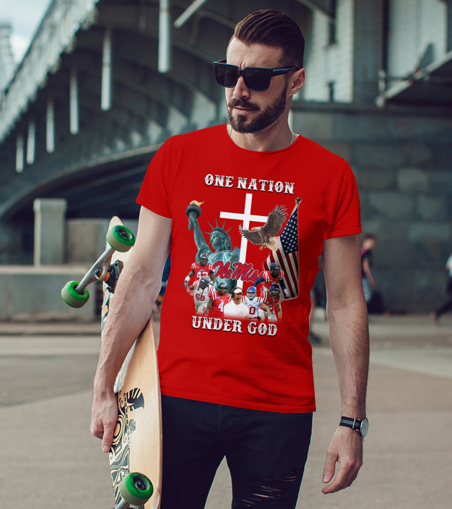 One Nation Under God Ole Miss Coach And Players With Statue Of Liberty, Cross, Eagle, And American Flag T-Shirt