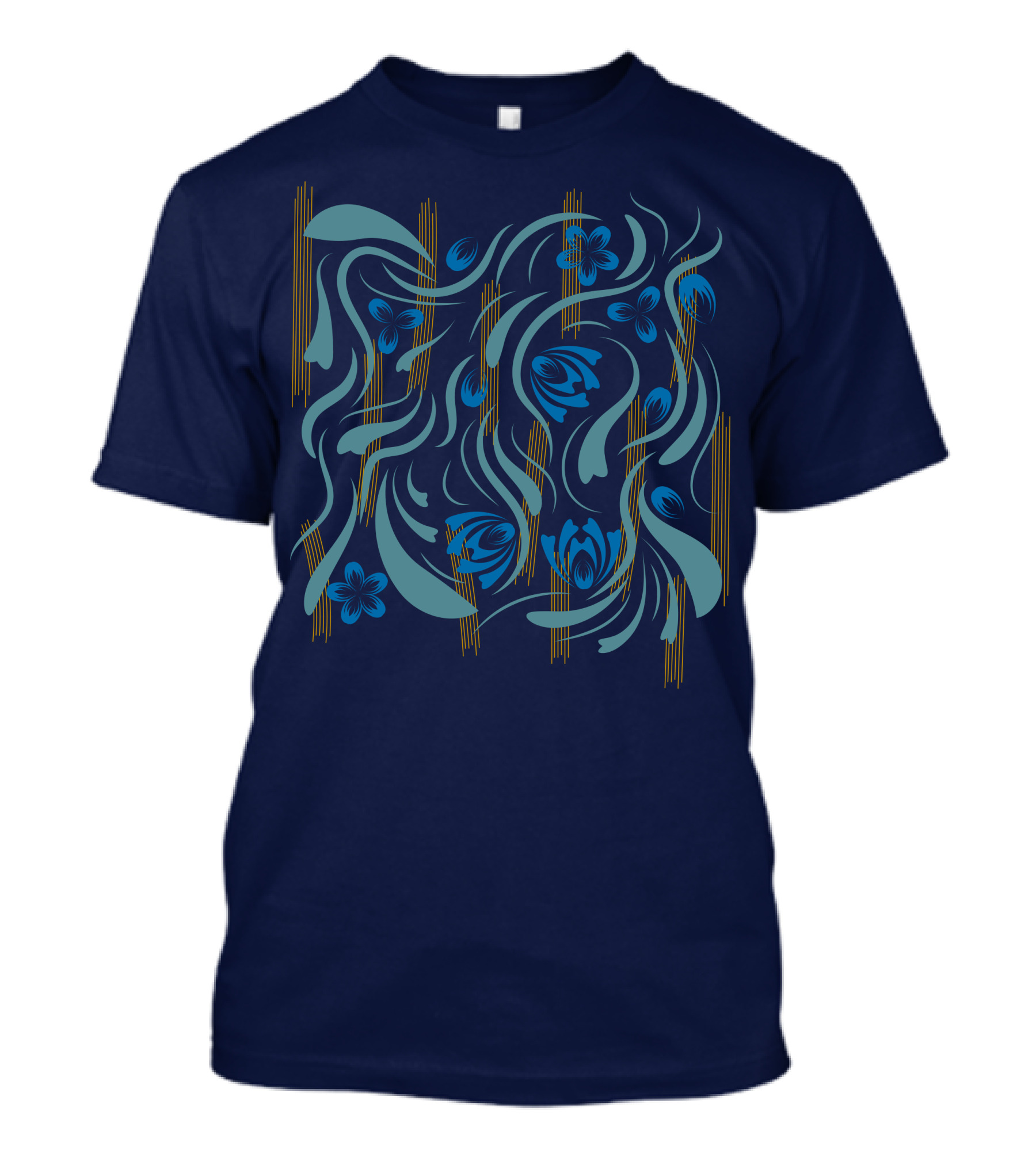 Folk Flowers Pattern Blue And Gold Floral Motif T-Shirt