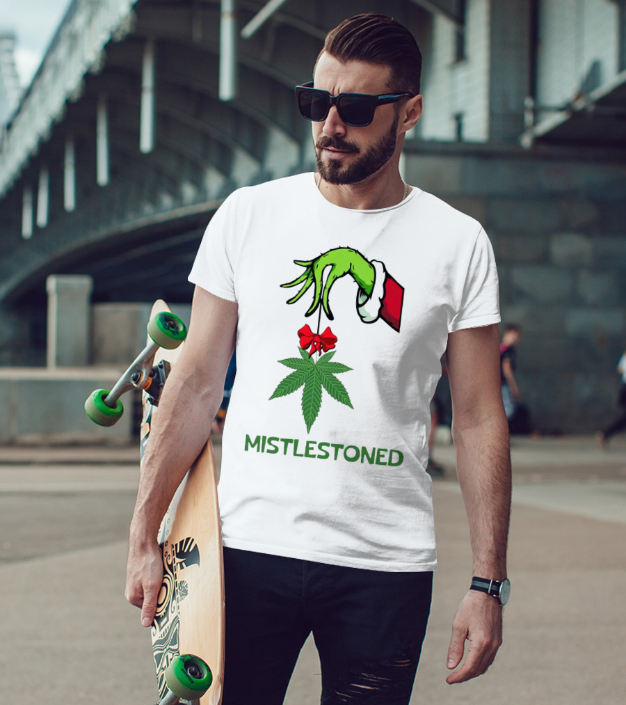 Mistlestoned Grinch Hand Holding Marijuana Leaf Christmas T-Shirt