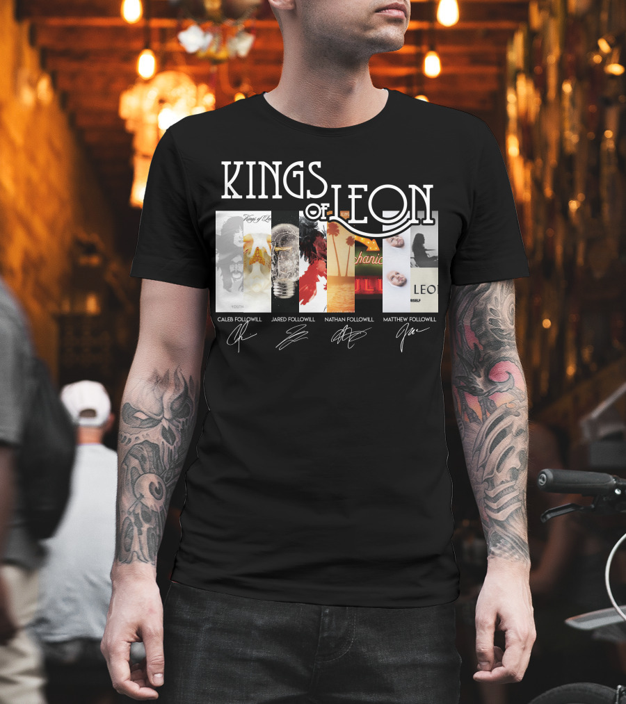 Kings of Leon Youth and Young Manhood Album Covers with Caleb Jared Nathan Matthew Followill Signatures T-Shirt
