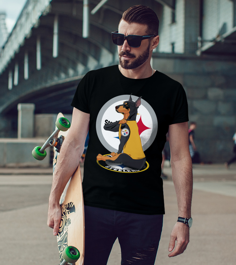 Steelers Dobermann Sitting On Steelers T-Shirt