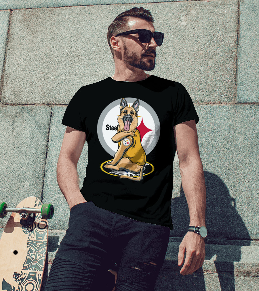 Steelers German Shepherd With NFL Logo And Team Colors T-Shirt