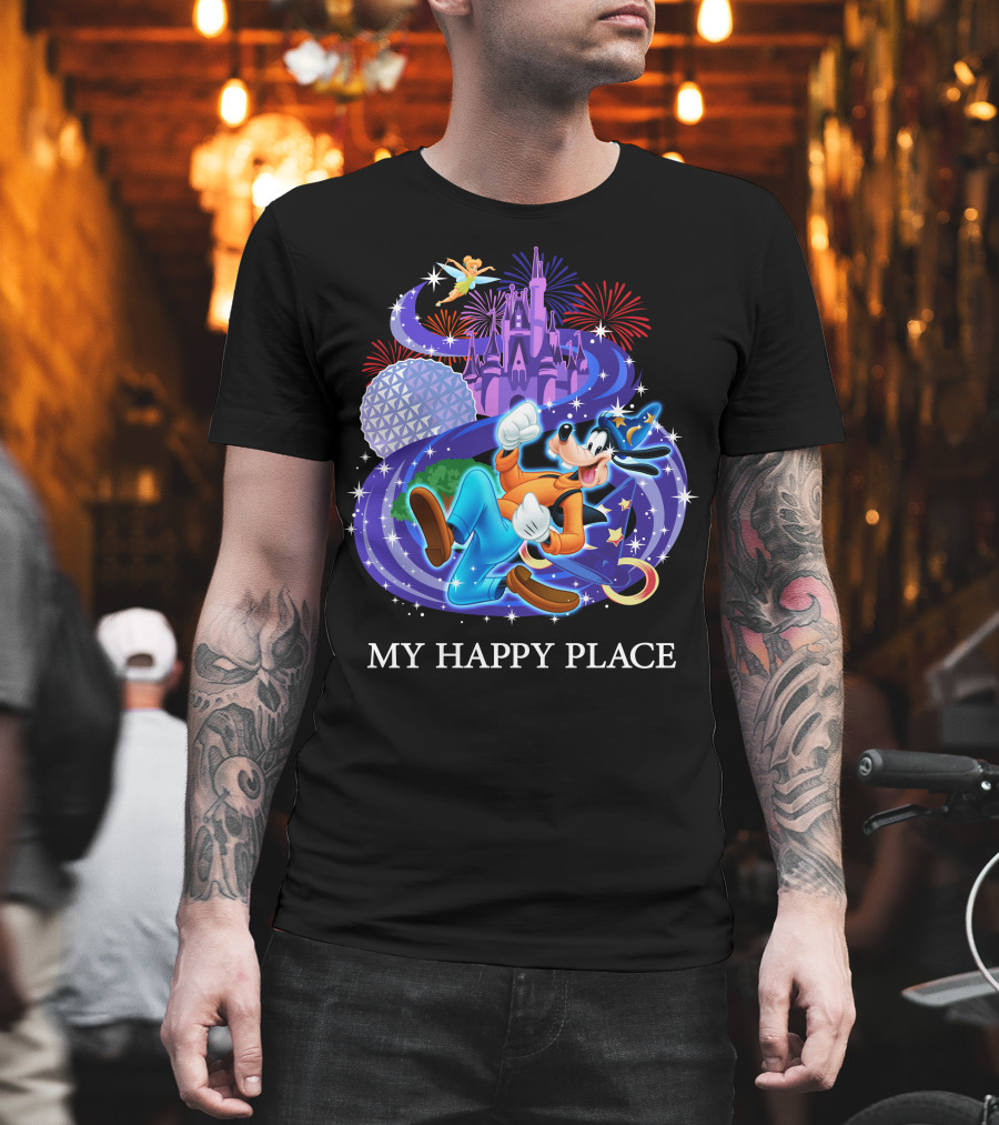 Disney Goofy My Happy Place Magic Kingdom Castle Epcot Fireworks T-Shirt