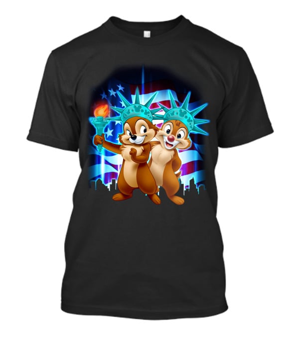 Chip And Dale Fourth Of July Statue Of Liberty With American Flag Background T-Shirt