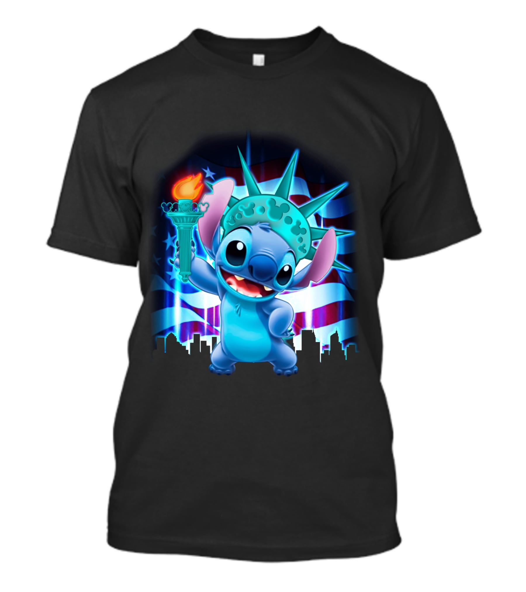 Stitch Statue Liberty American Flag Skyline T-Shirt