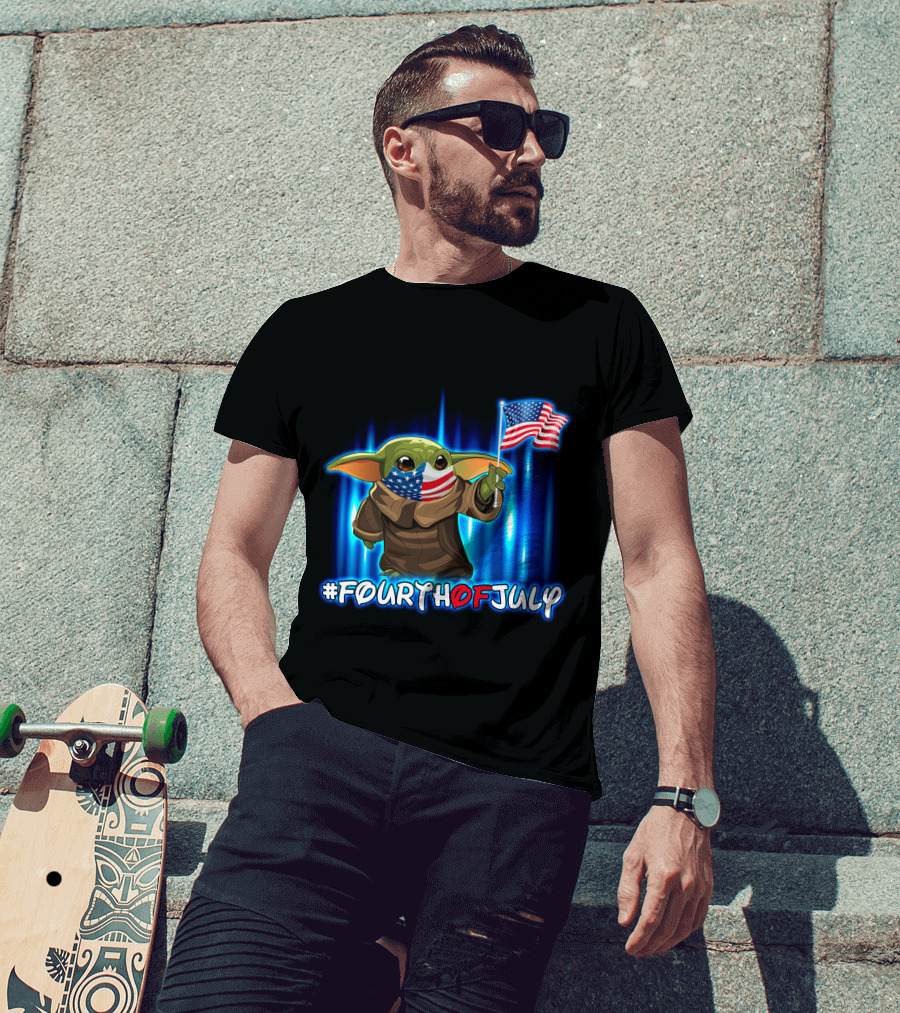 FOURTHOFJULY Baby Yoda With American Flag T-Shirt