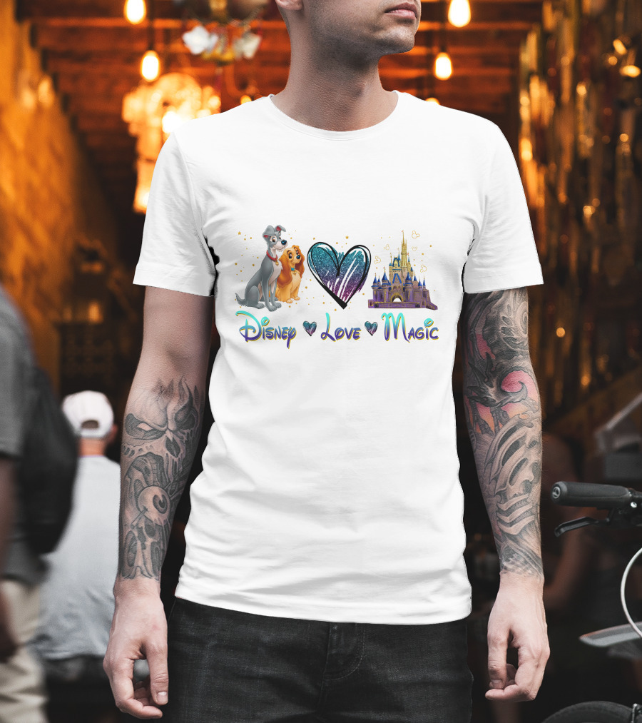 Disney Lady And The Tramp Love Magic Castle Hearts T-Shirt