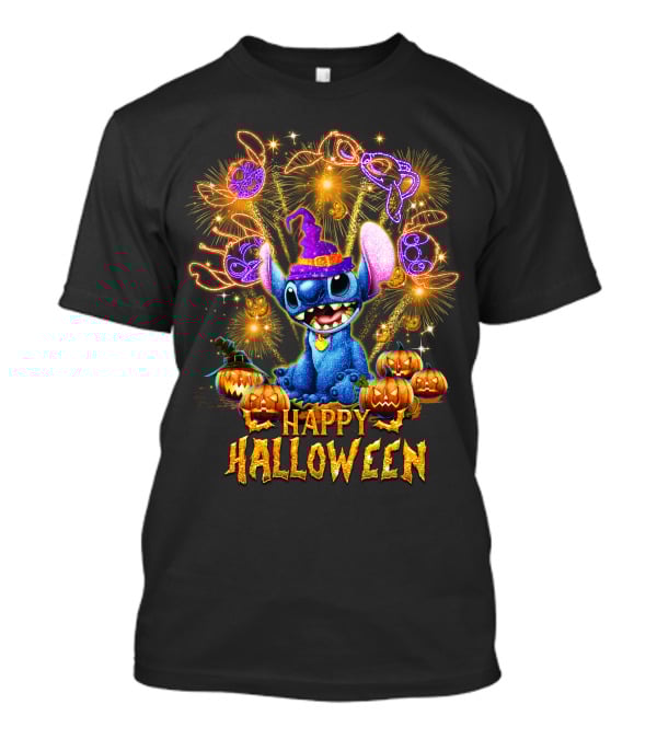 Stitch Happy Halloween Firework Display With Pumpkins And Witch Hat T-Shirt