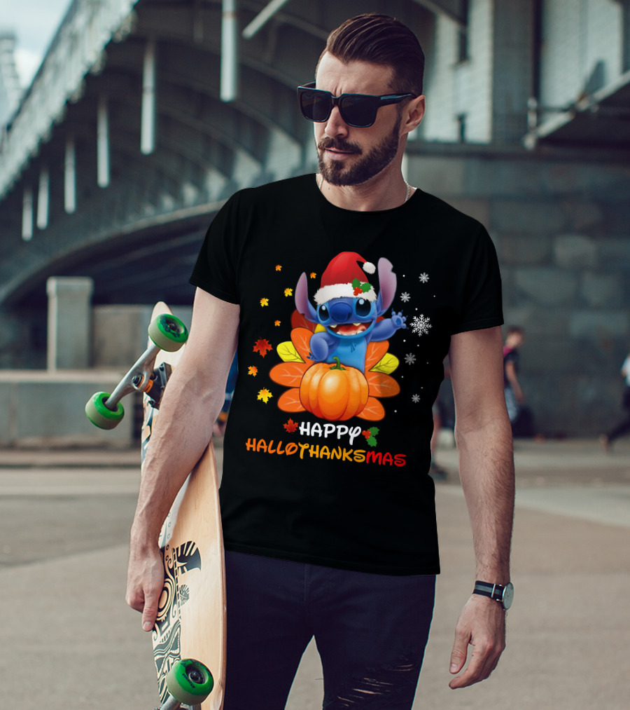Happy Hallothankmas Stitch With Santa Hat Pumpkin Leaves Snowflakes T-Shirt