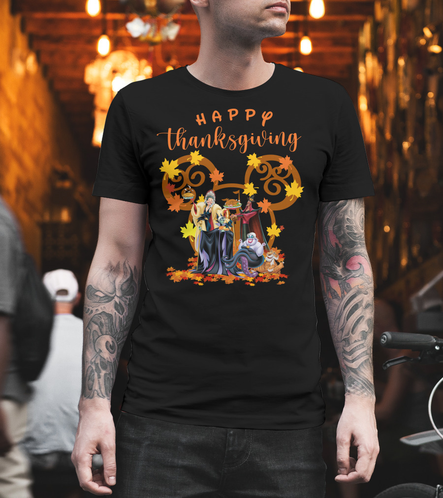 Happy Thanksgiving Disney Villains With Mickey Mouse Leaf Background T-Shirt