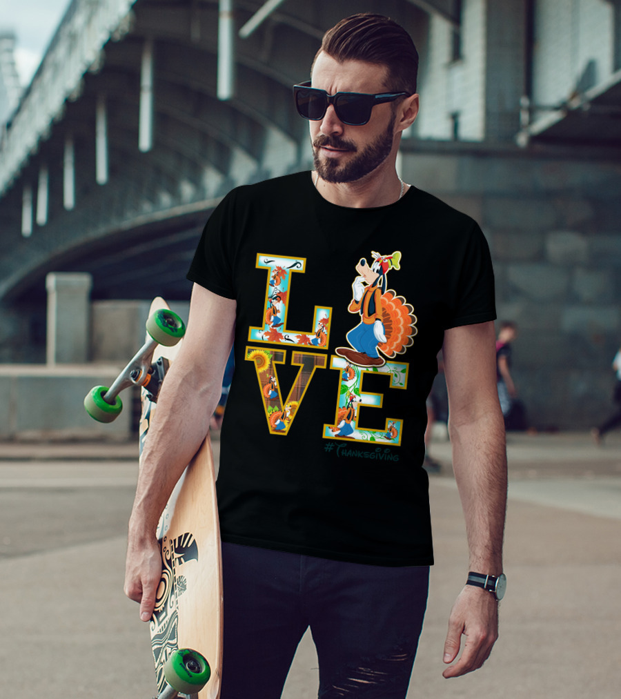 LOVE Goofy Thanksgiving Turkey Leaves Sunflower T-Shirt