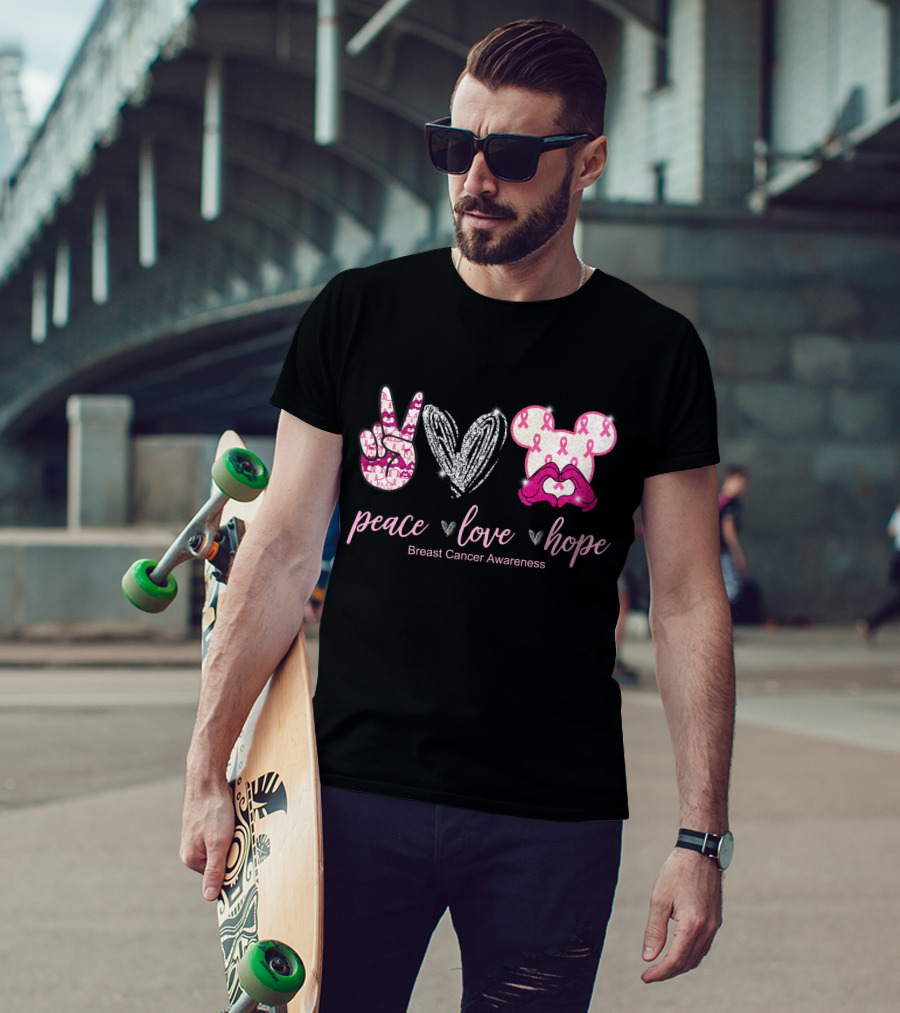 Peace Love Hope Breast Cancer Awareness Pink Ribbon Mickey T-Shirt