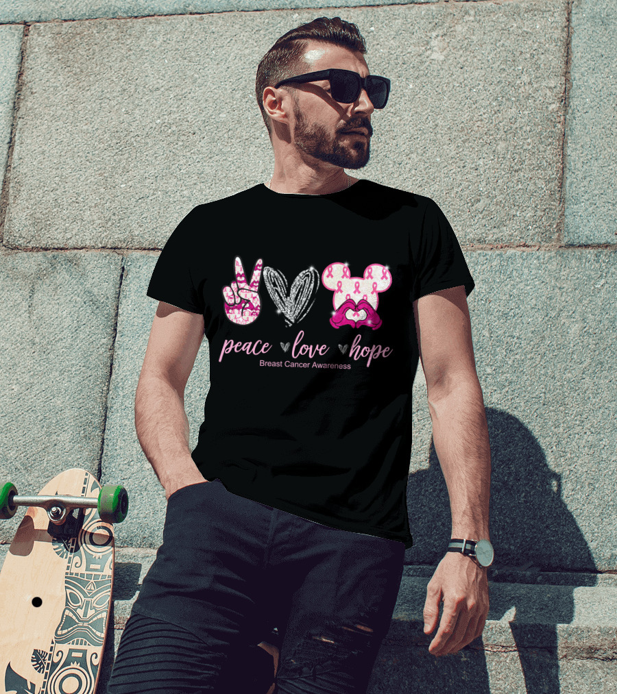 Peace Love Hope Breast Cancer Awareness Pink Ribbon Mickey T-Shirt