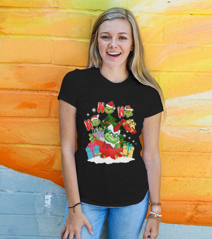 Grinch Christmas Ho Ho Ho Presents Tree Gifts Holiday Scene T-Shirt
