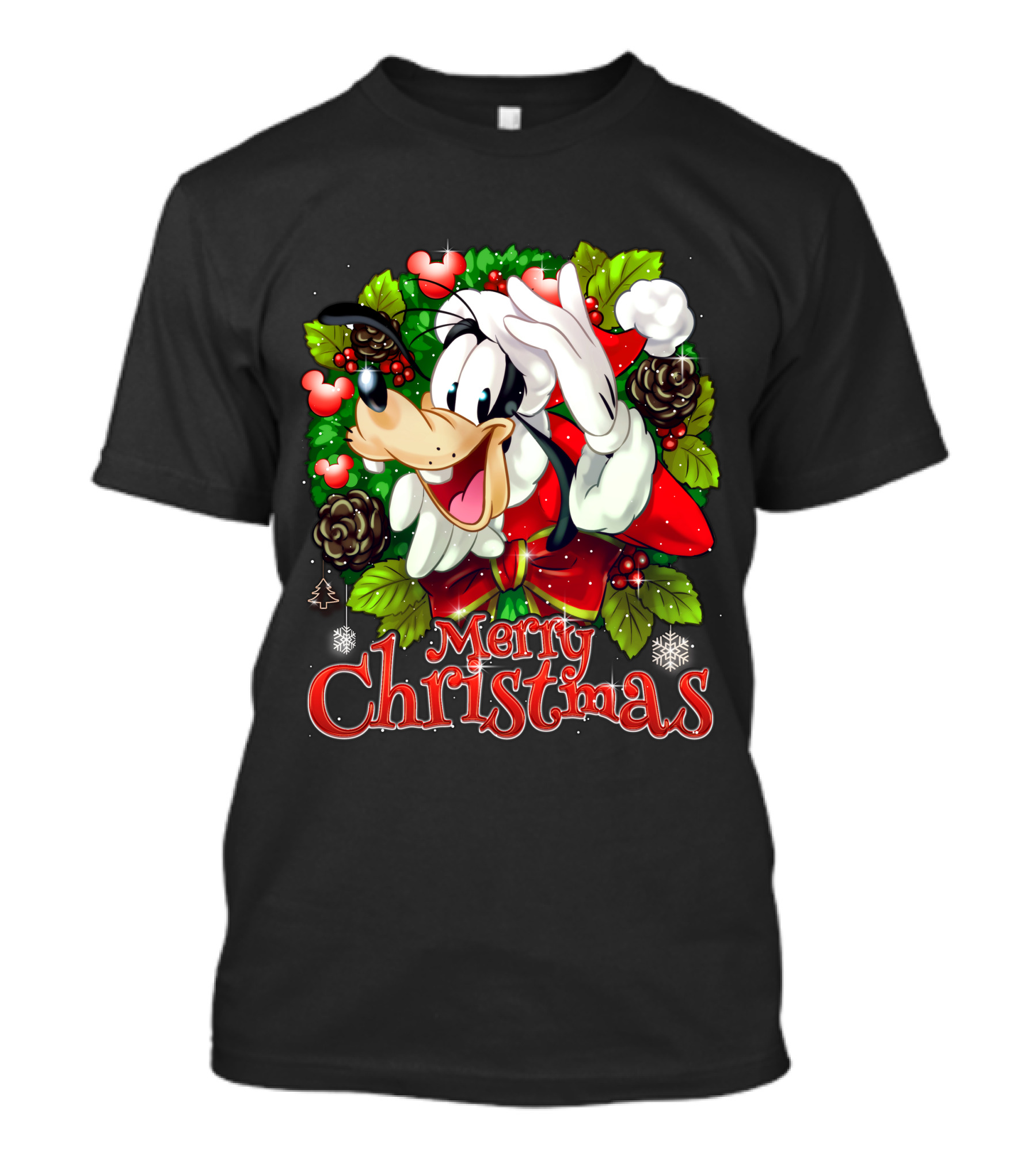 Goofy Merry Christmas Wreath Santa Hat Pinecones Snowflakes And Holly T-Shirt