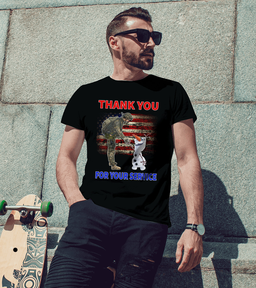 Thank You For Your Service Soldier With Olaf And American Flag T-Shirt