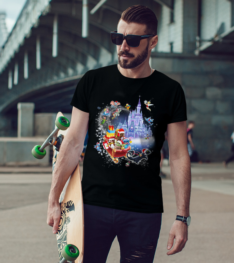 Baby Yoda Christmas Disney Castle Santa Sleigh Tinker Bell Stitch Dumbo Gifts T-Shirt