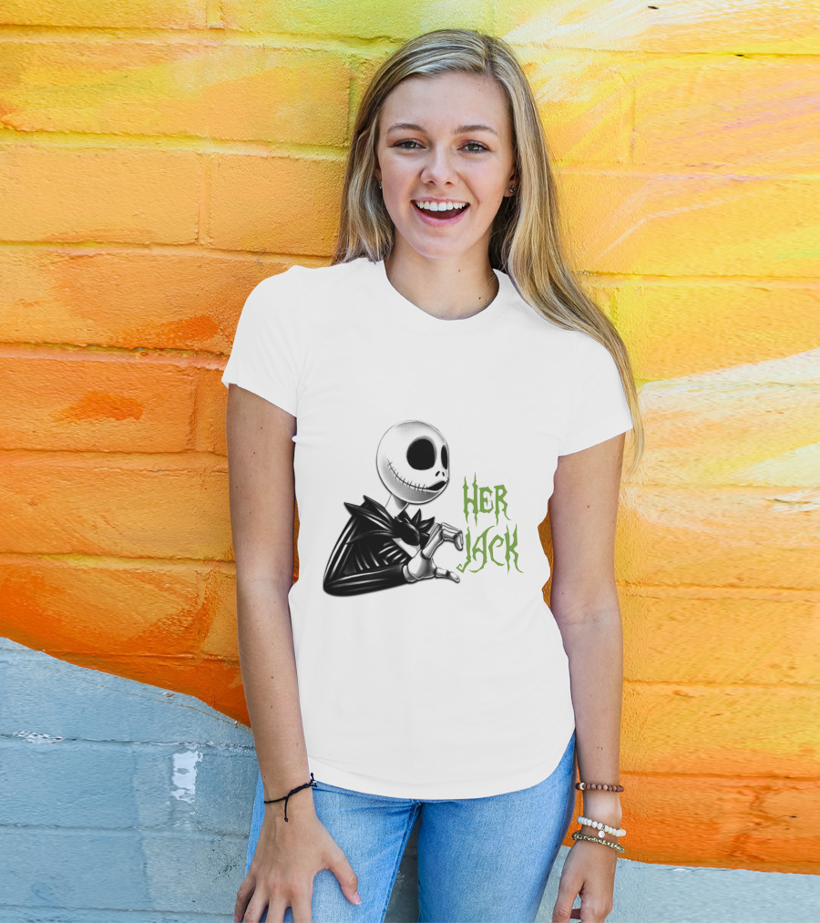 Her Jack Skeleton Character Sketch Black And White Green Lettering T-Shirt