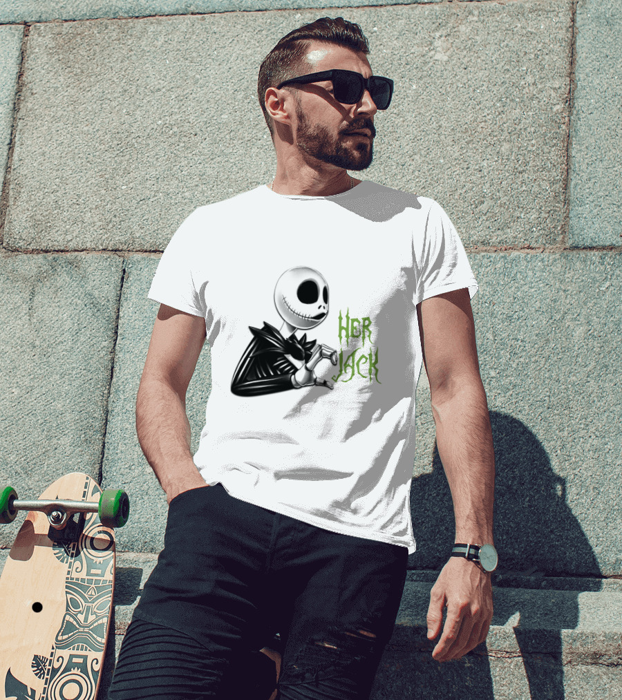 Her Jack Skeleton Character Sketch Black And White Green Lettering T-Shirt