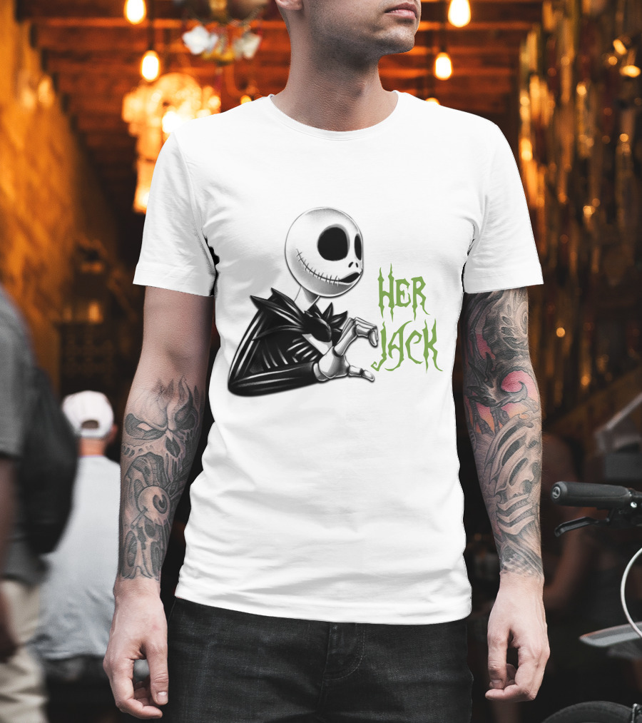 Her Jack Skeleton Character Sketch Black And White Green Lettering T-Shirt