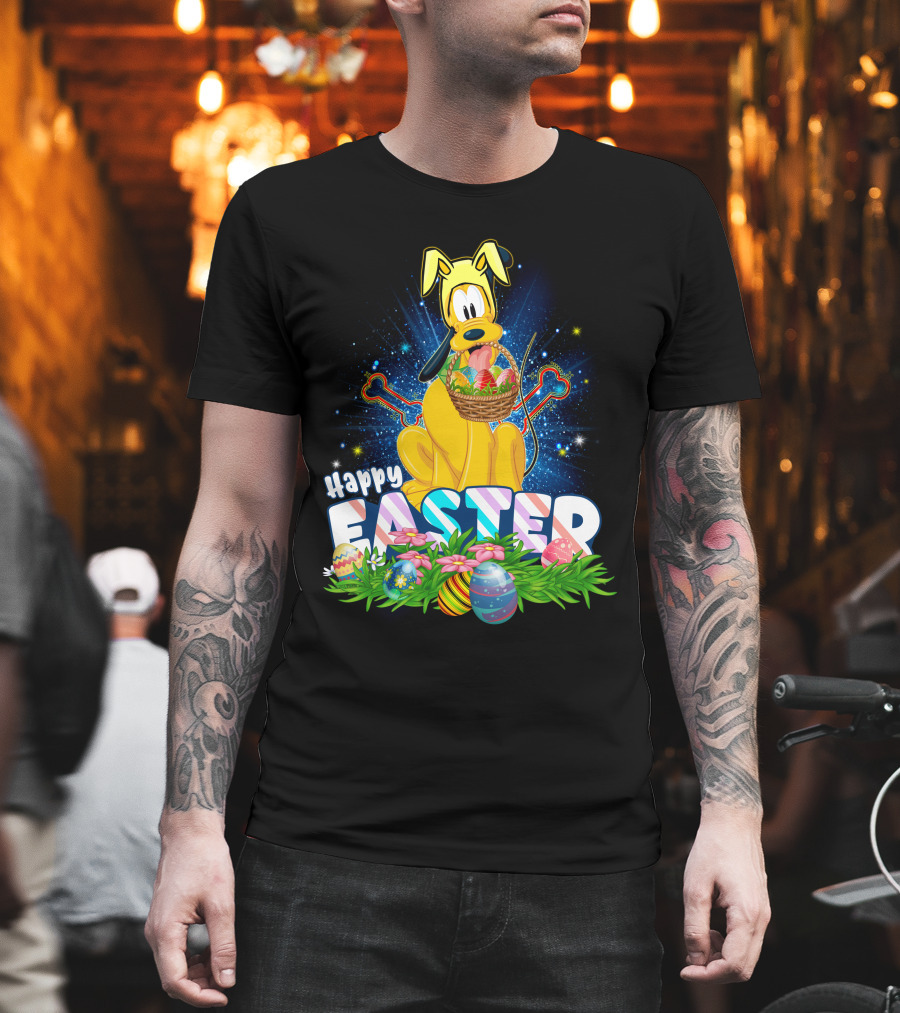 Pluto Happy Easter Basket With Eggs And Flowers T-Shirt