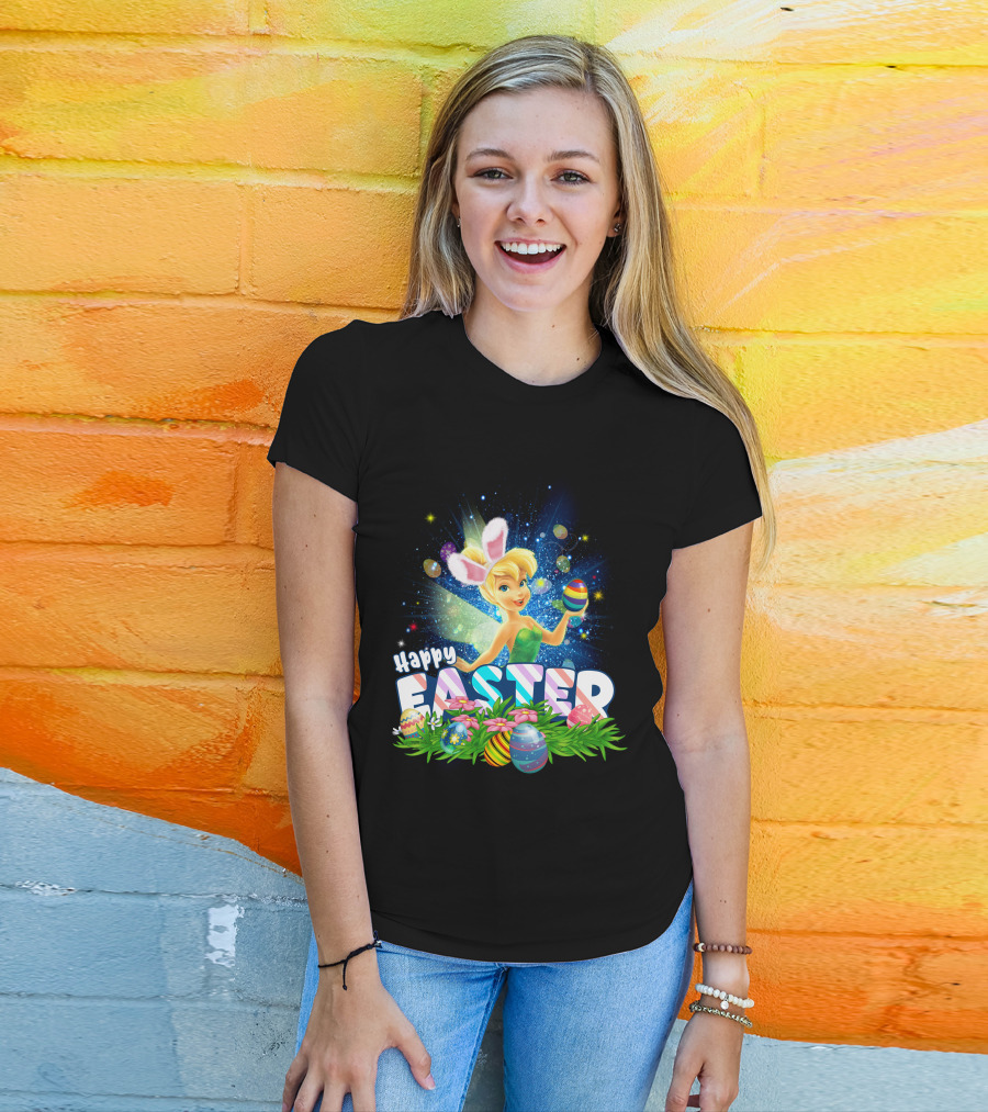 Happy Easter Tinkerbell With Bunny Ears And Colorful Eggs T-Shirt