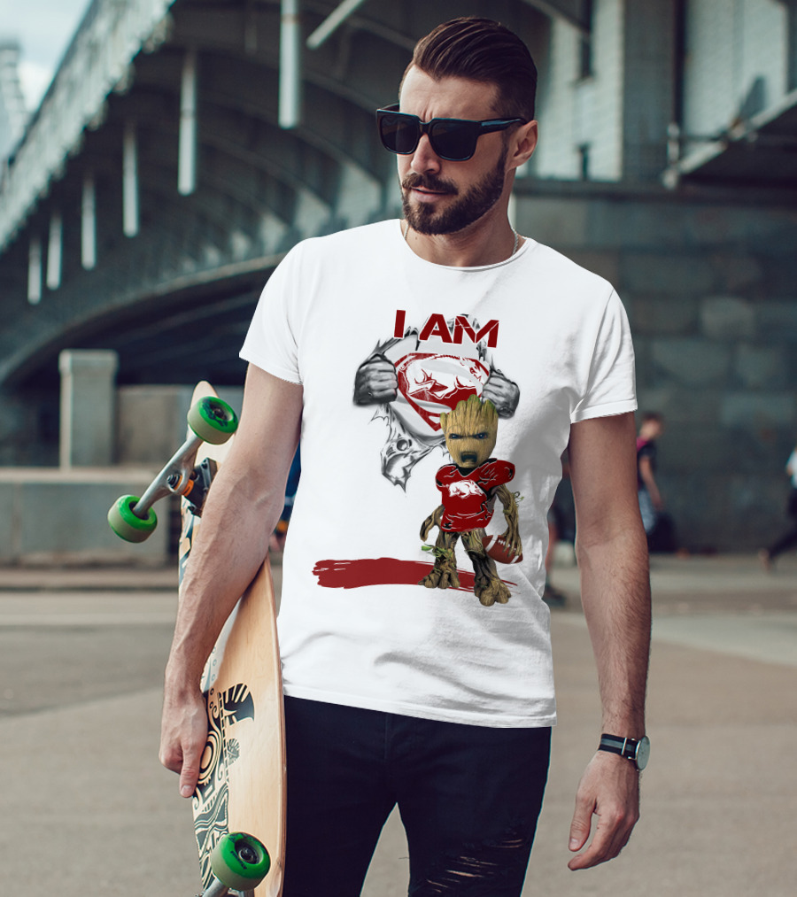 I AM Arkansas Razorbacks Baby Groot Superman T-Shirt