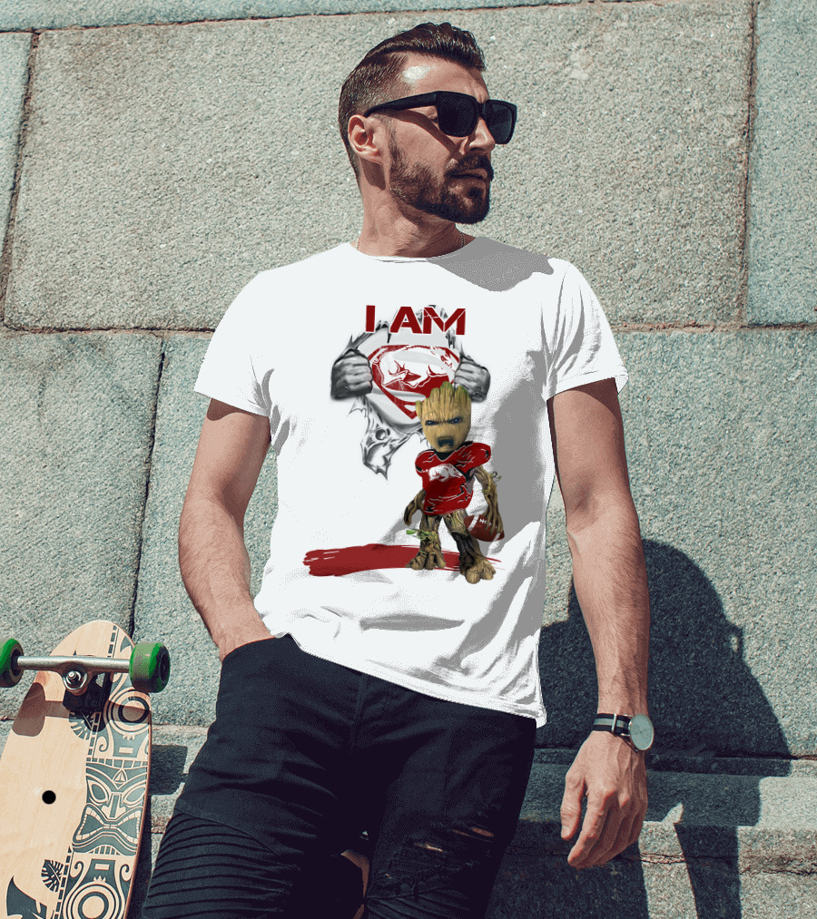 I AM Arkansas Razorbacks Baby Groot Superman T-Shirt