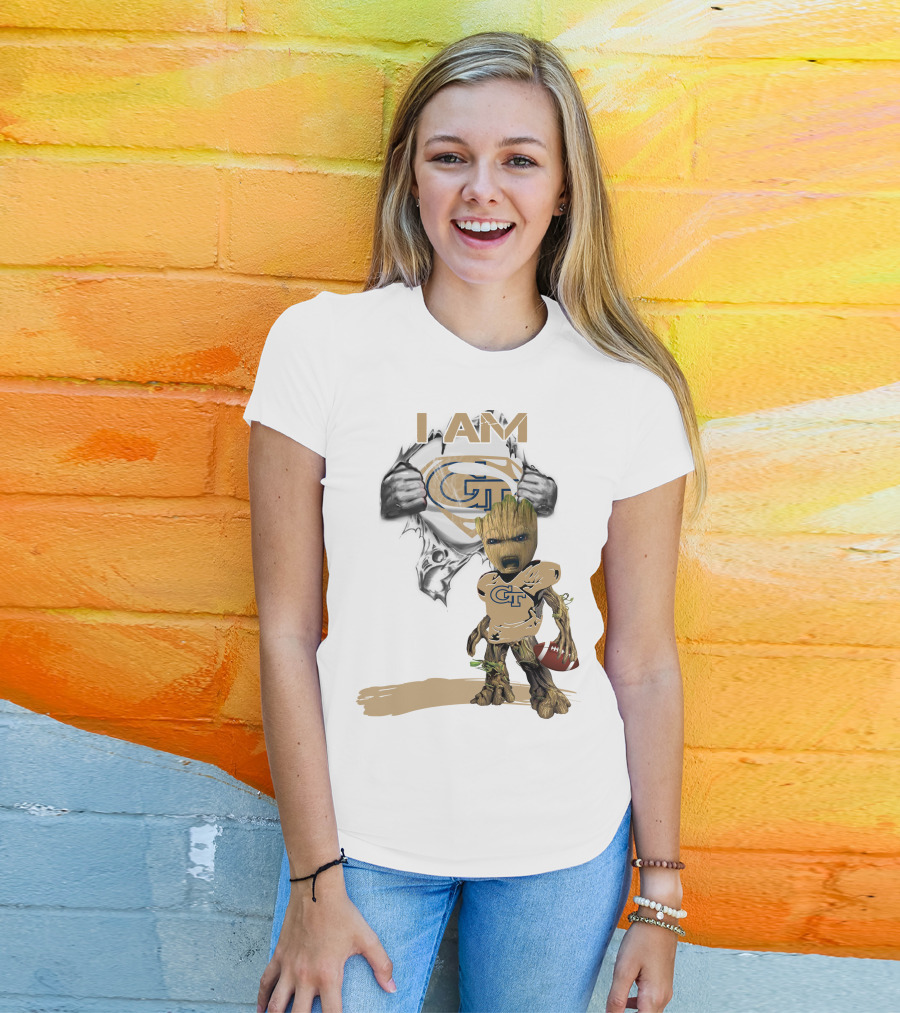 I AM Georgia Tech Baby Groot Superman Football T-Shirt