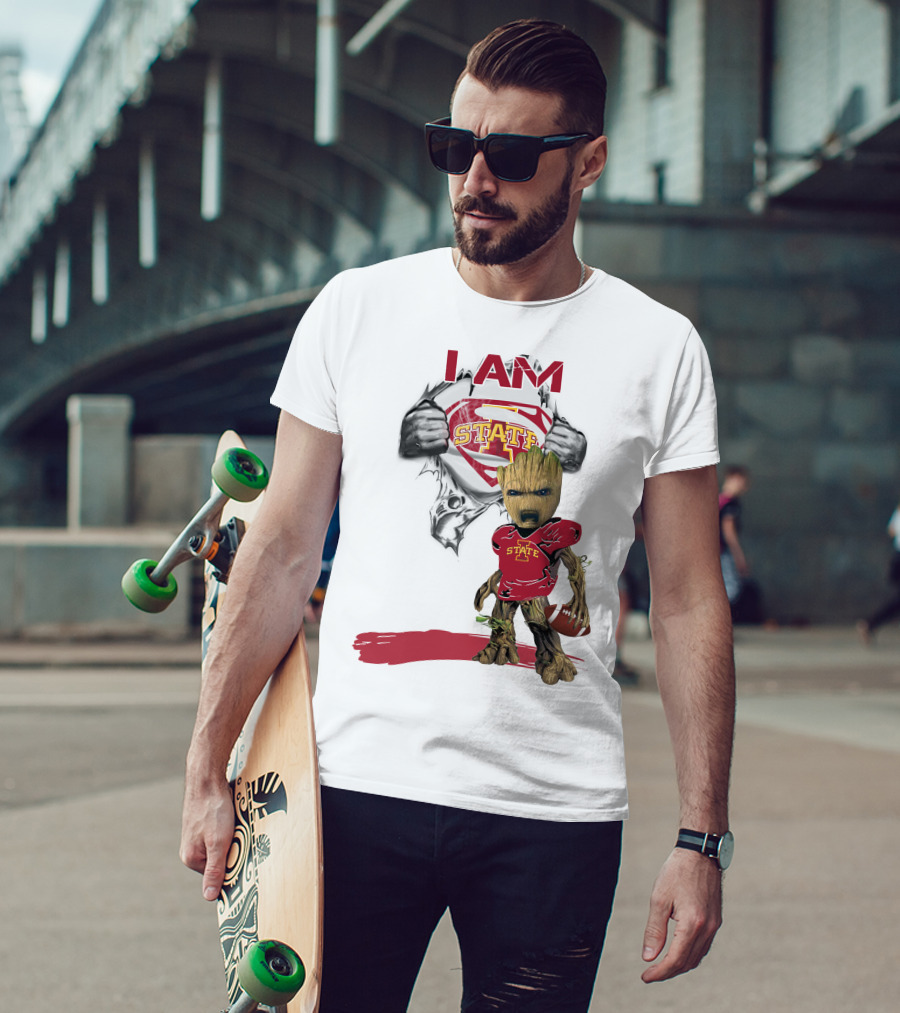 I Am Iowa State Baby Groot Superman Football Fan T-Shirt