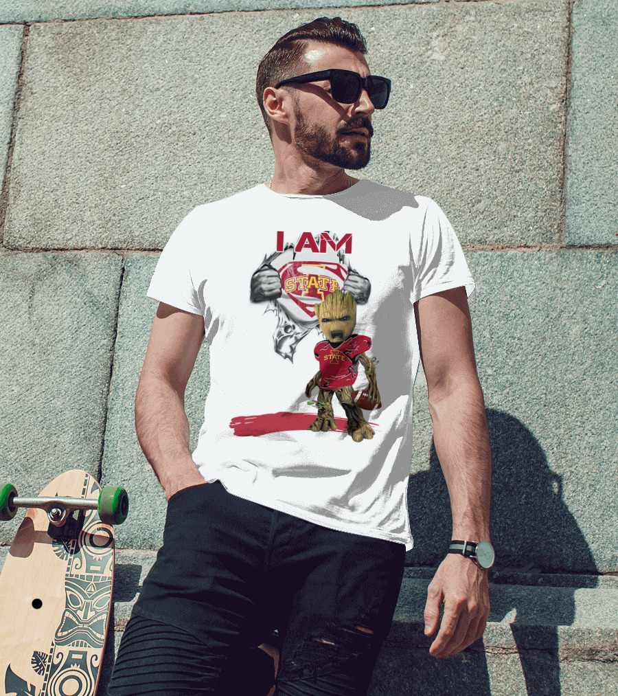 I Am Iowa State Baby Groot Superman Football Fan T-Shirt