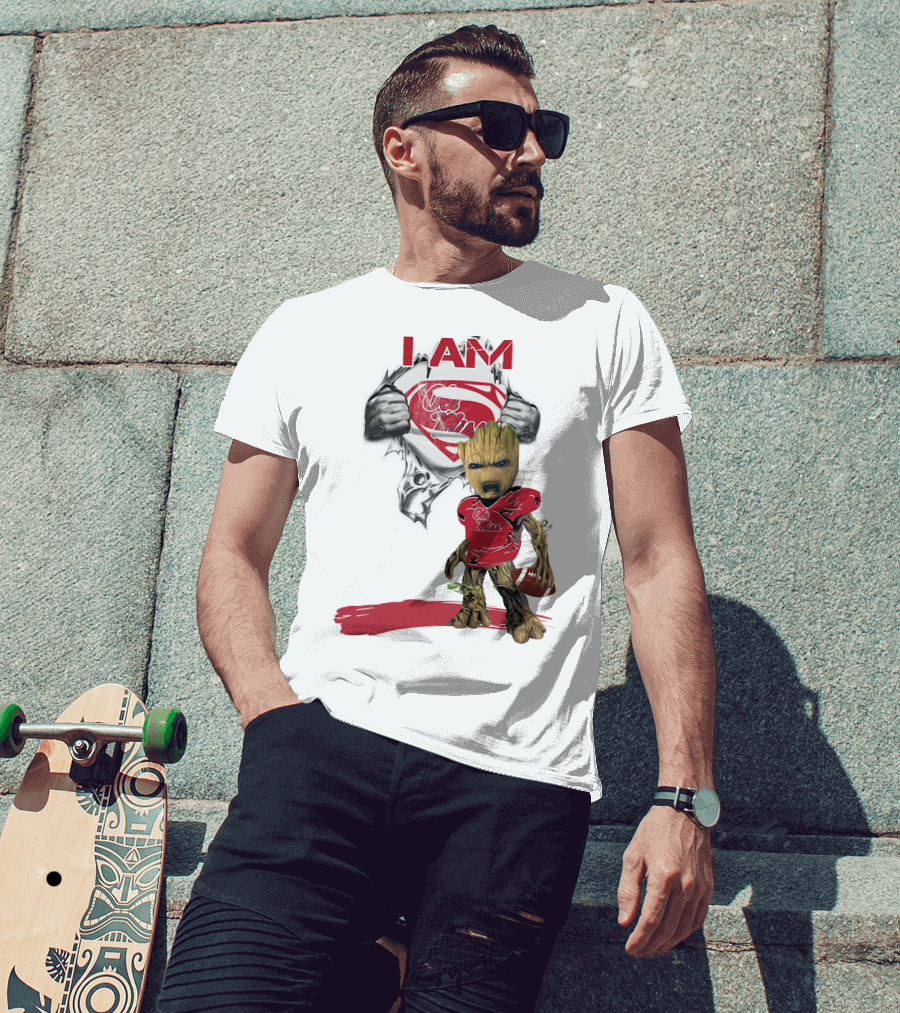 I Am Ole Miss Baby Groot Superman Football Player T-Shirt