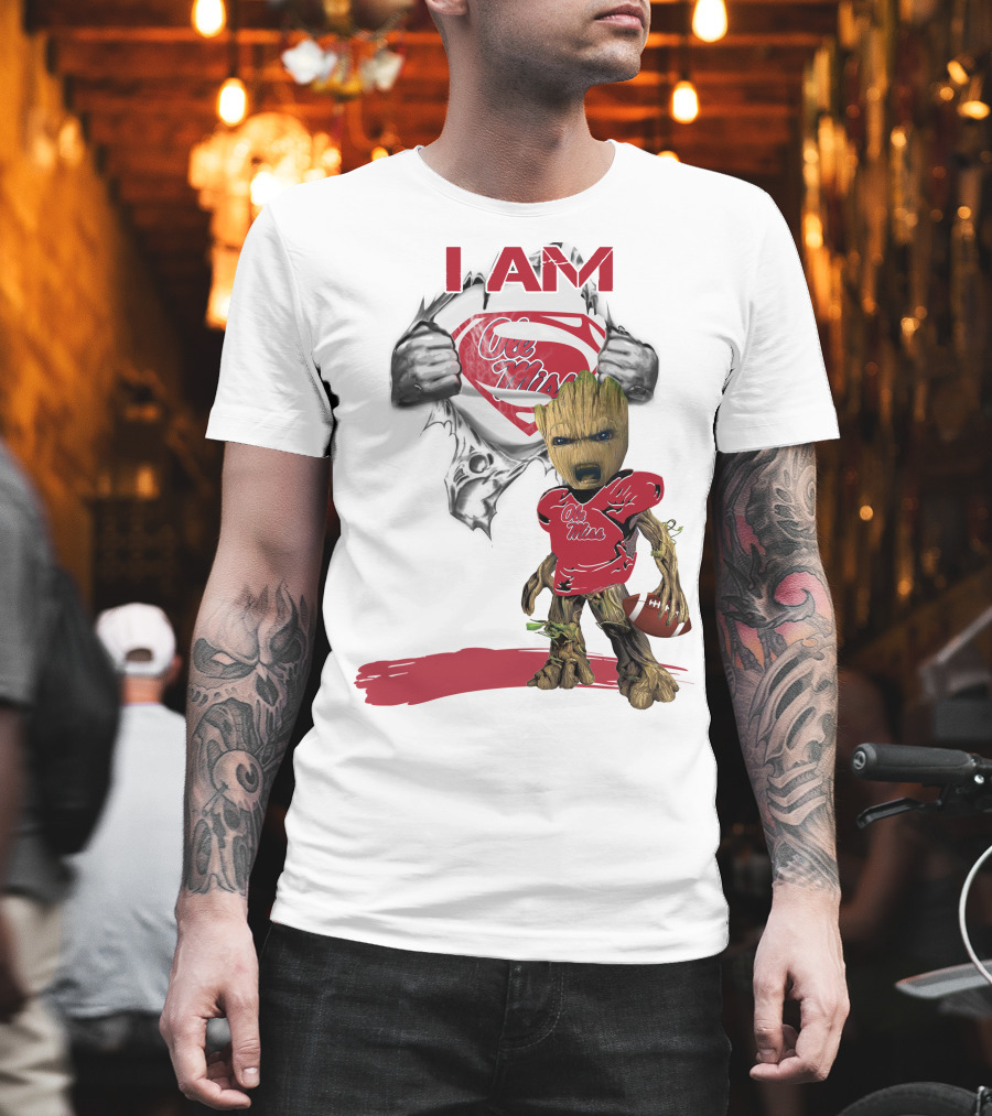 I Am Ole Miss Baby Groot Superman Football Player T-Shirt