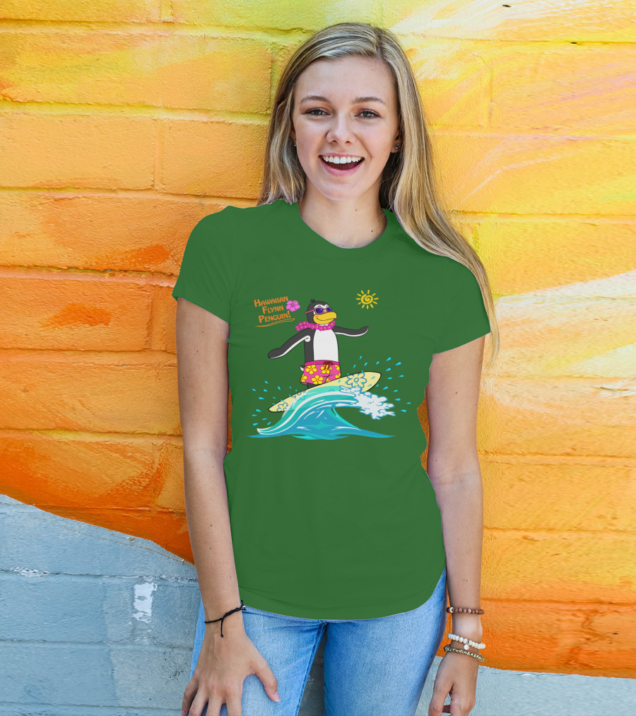 Hawaiian Flynn Penguin Surfing With Floral Lei And Sunglasses T-Shirt