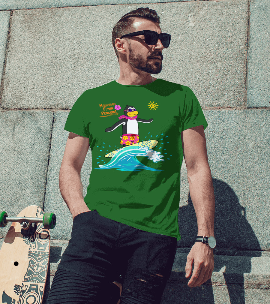 Hawaiian Flynn Penguin Surfing With Floral Lei And Sunglasses T-Shirt
