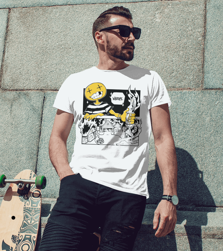 OFFCANNY Whoops Mischievous Grin Burning House Scene T-Shirt