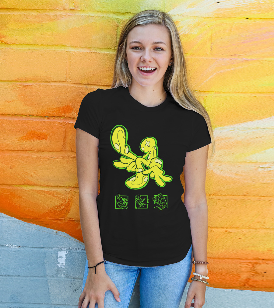 OFFCANNY Neon Cartoon Figure With Iconic Symbols T-Shirt