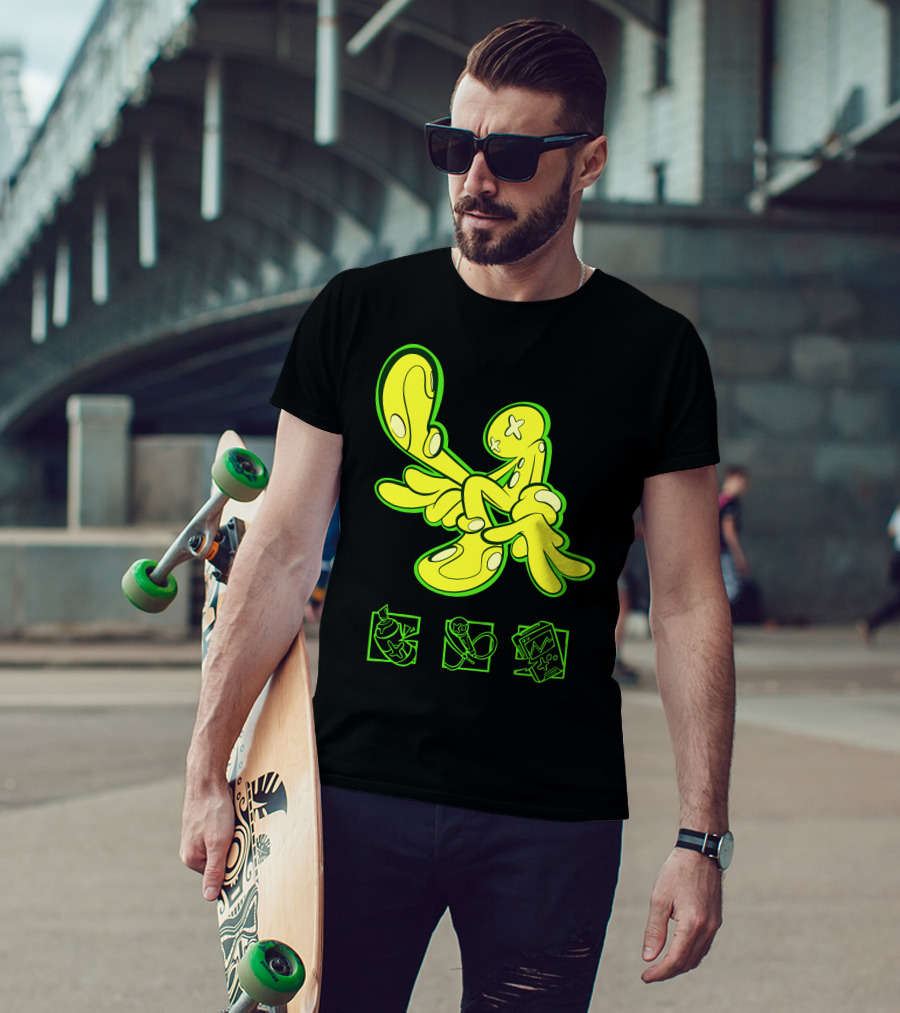OFFCANNY Neon Cartoon Figure With Iconic Symbols T-Shirt