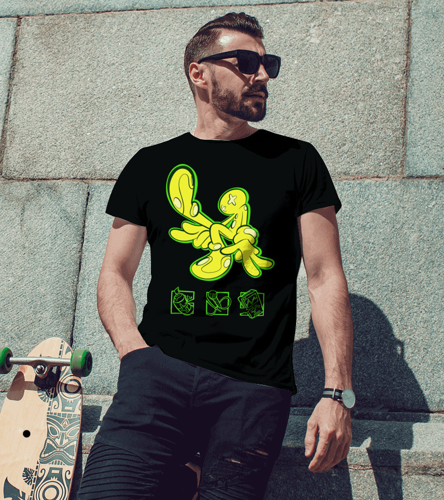 OFFCANNY Neon Cartoon Figure With Iconic Symbols T-Shirt