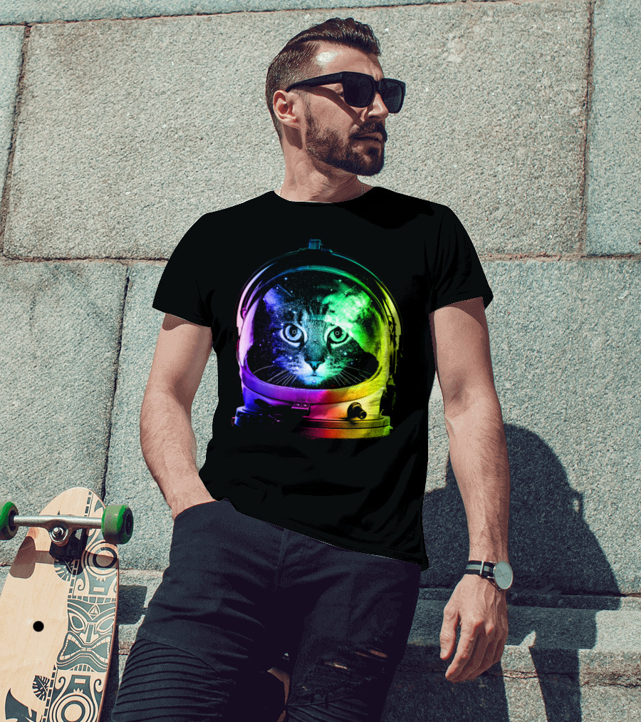 Astronaut Cat Classic Funny Cat In Space Helmet With Rainbow Glow T-Shirt